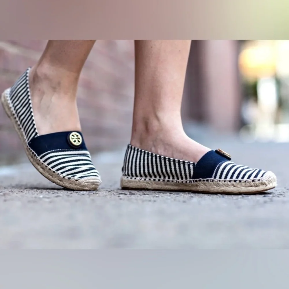 Tory Burch Beacher Black & White Stripped Slip on Espadrilles- 8